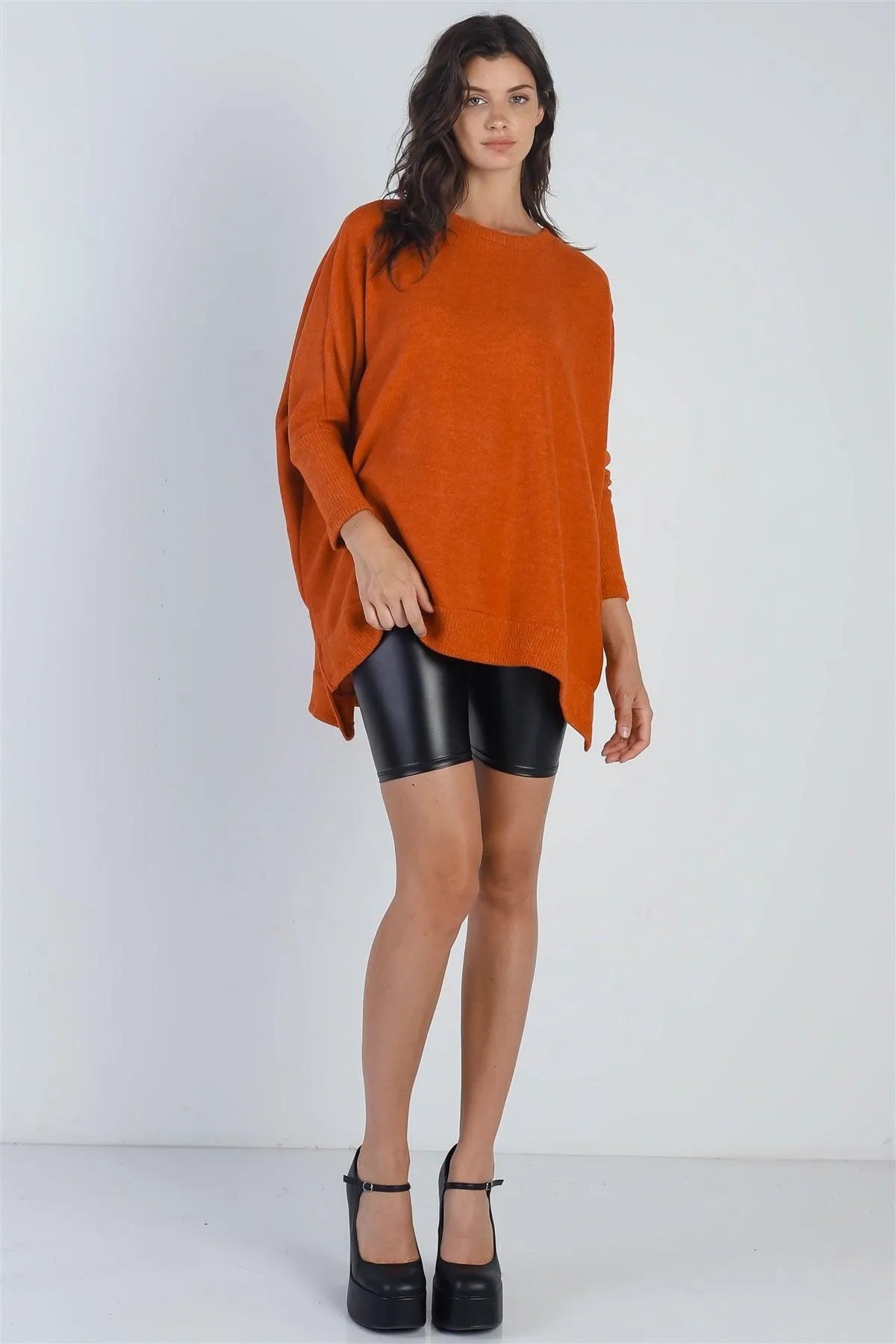 Brick Red Flannel Dolman Midi Sleeve Sweater /1-1-1 - Tasha Apparel Wholesale