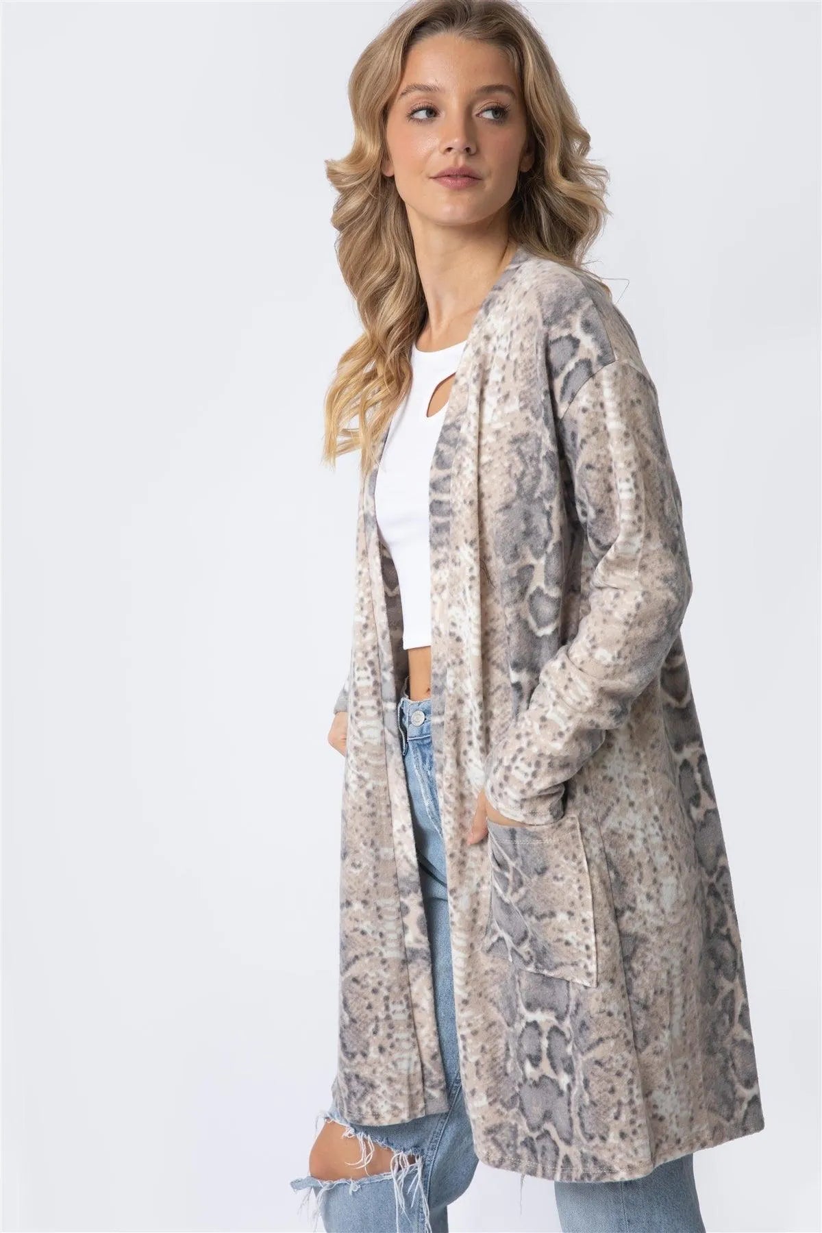 Animal Print Flannel Front Pocket Long Cardigan - Tasha Apparel Wholesale