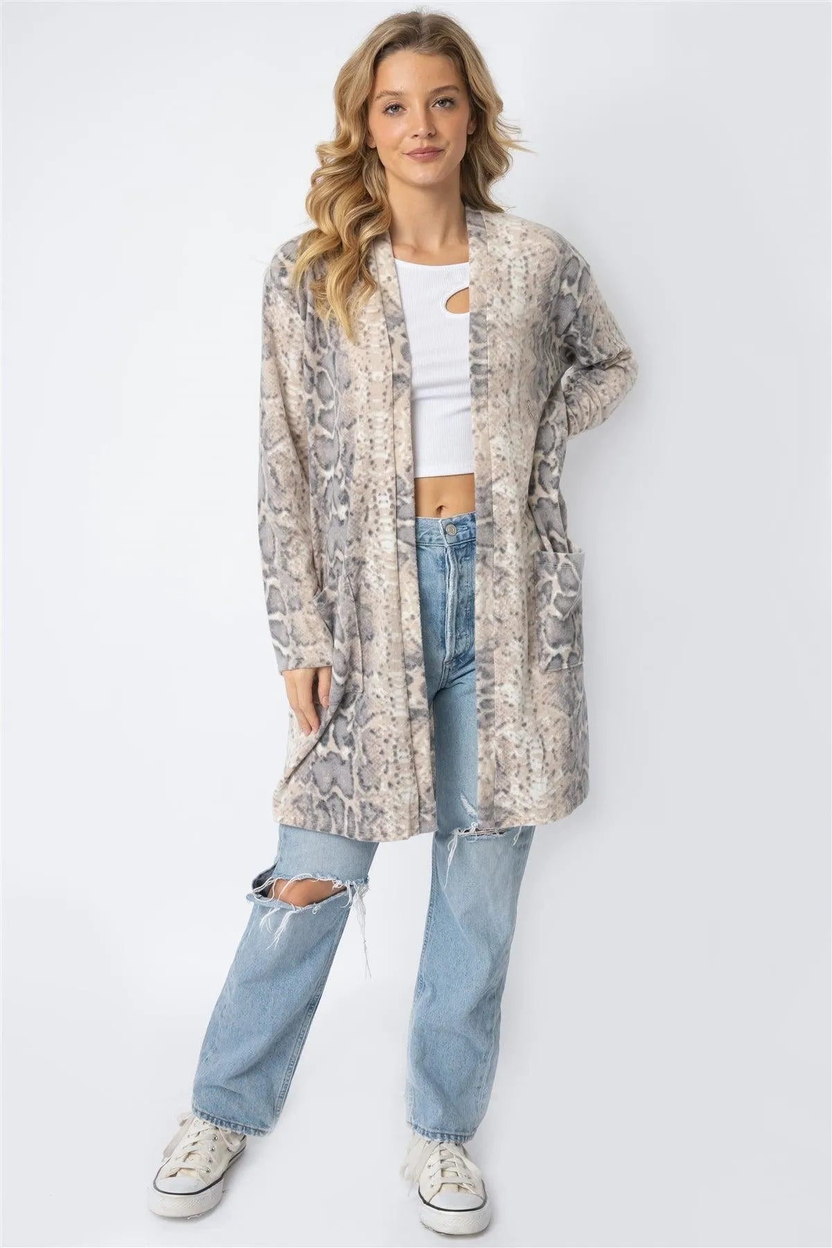 Animal Print Flannel Front Pocket Long Cardigan - Tasha Apparel Wholesale
