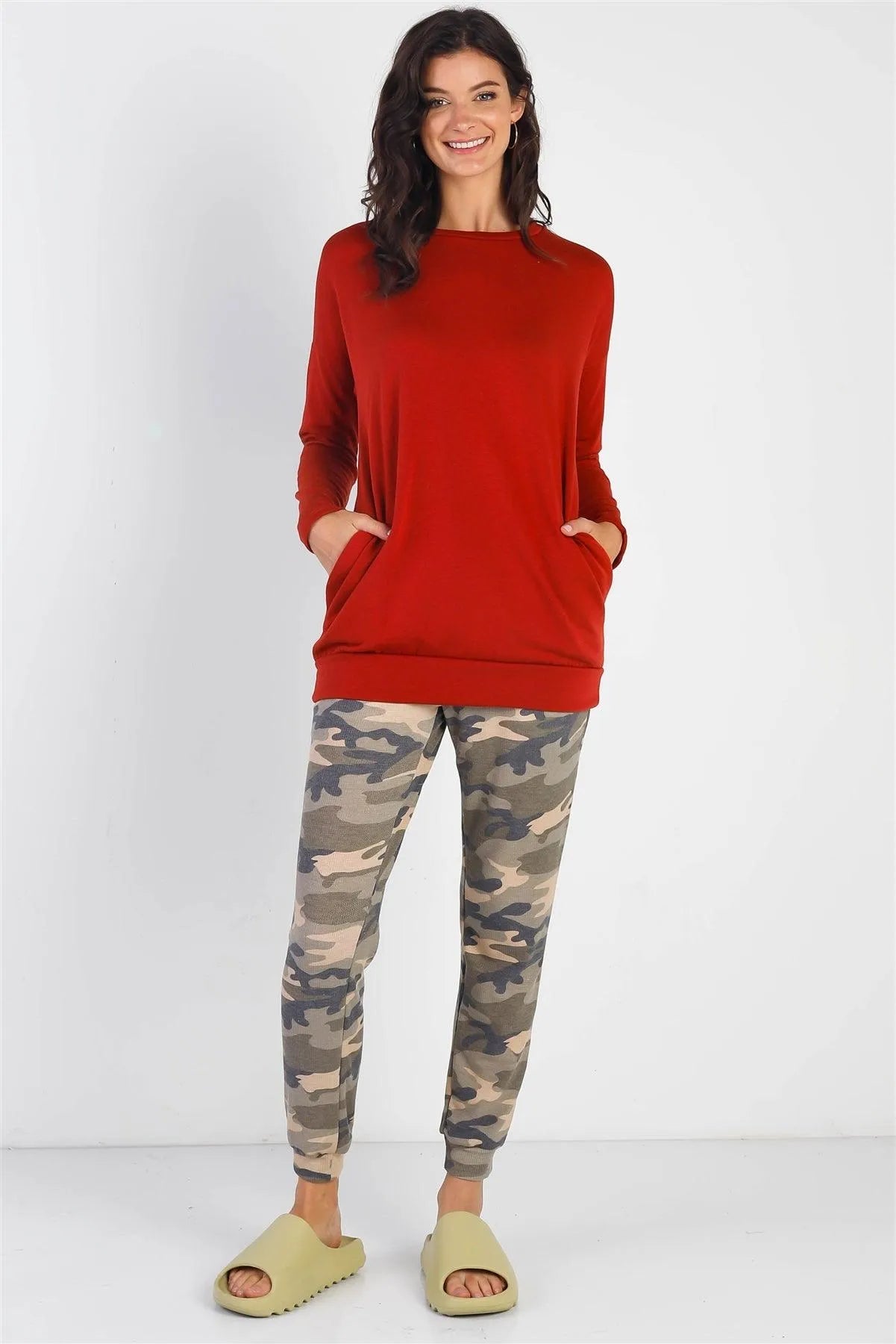 Rust Elbow Contrast Patch Midi Sleeve Top - Tasha Apparel Wholesale