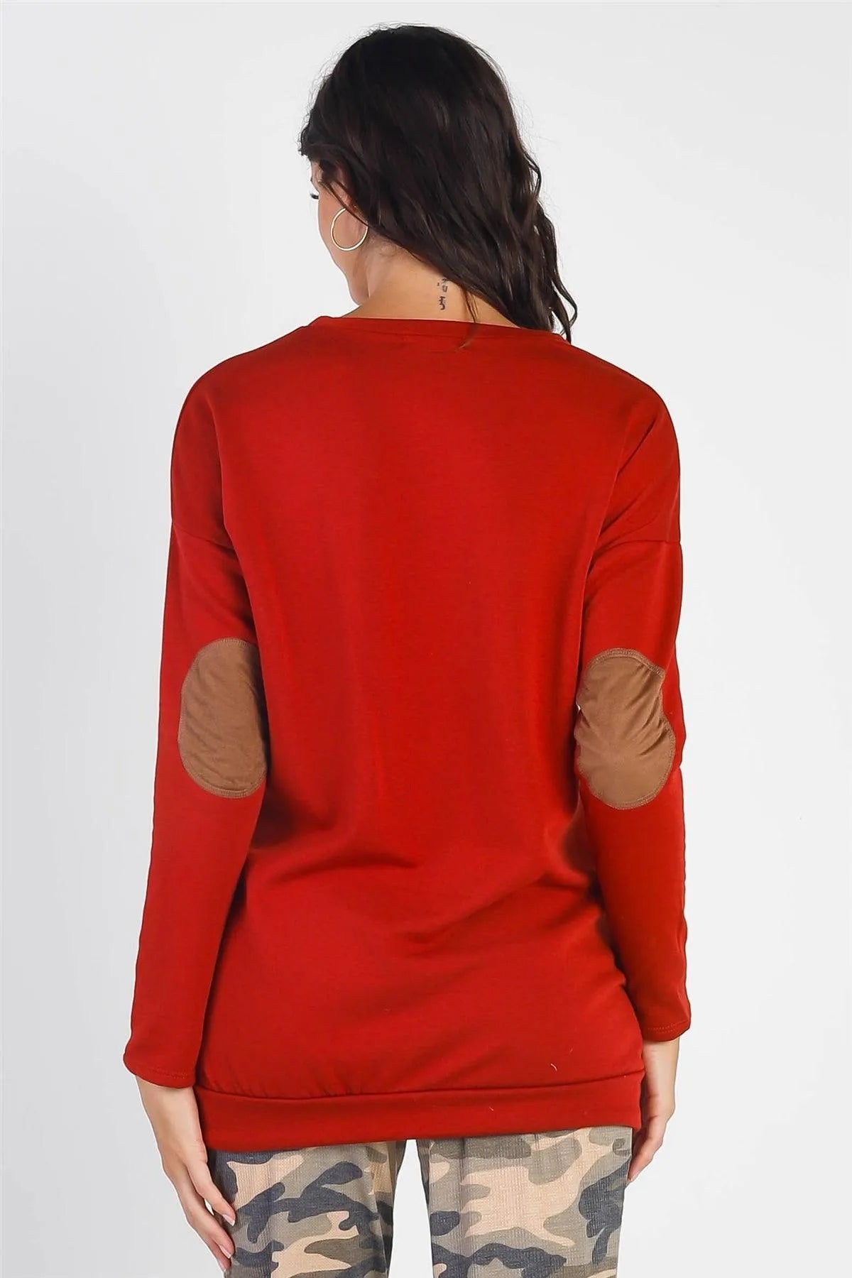 Rust Elbow Contrast Patch Midi Sleeve Top - Tasha Apparel Wholesale