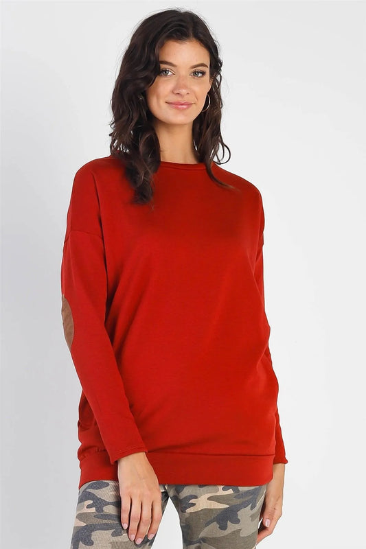 Rust Elbow Contrast Patch Midi Sleeve Top /3-1 - Tasha Apparel Wholesale