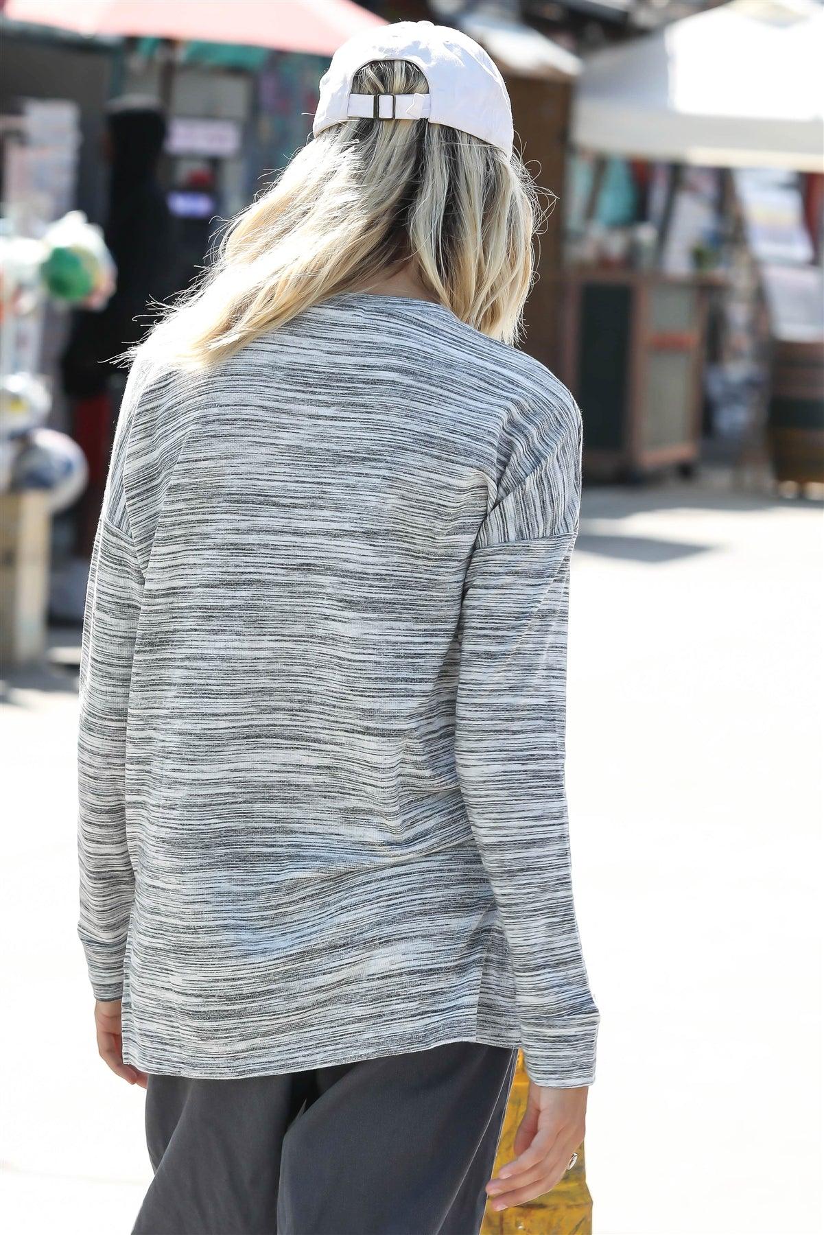 Heather Grey Striped Button Up Detail Long Sleeve Top /1-1-1