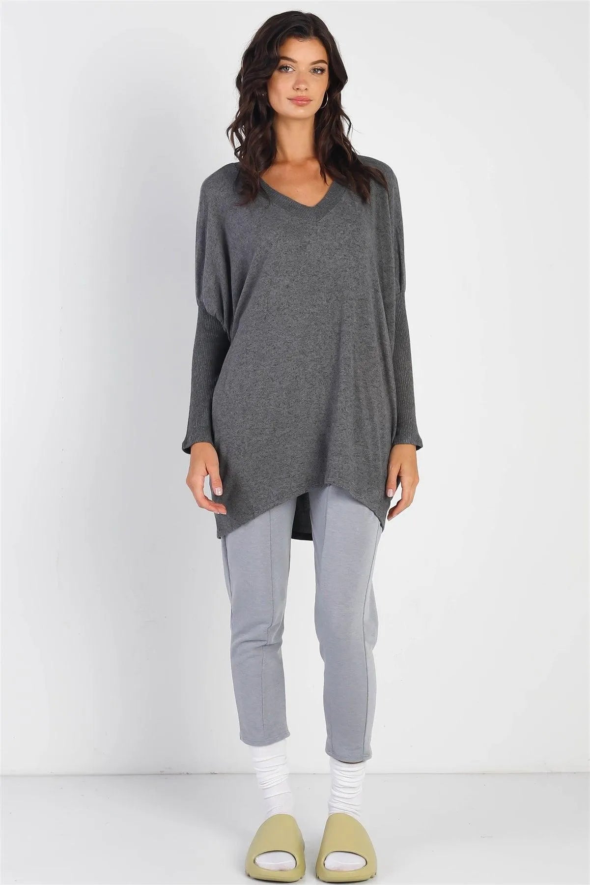 Charcoal V-Neck Dolman Long Sleeve Top /1-2-2 - Tasha Apparel Wholesale