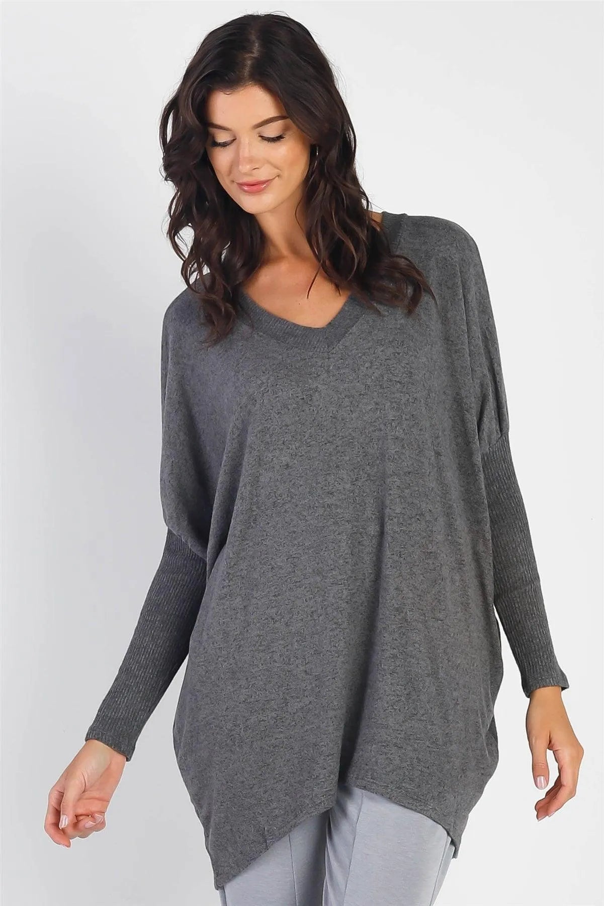 Charcoal V-Neck Dolman Long Sleeve Top /1-2-2 - Tasha Apparel Wholesale