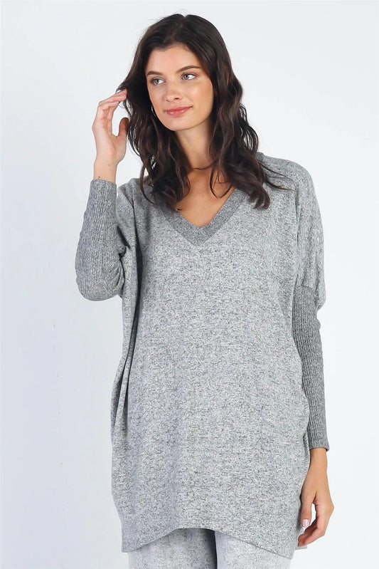 Heather Grey V-Neck Dolman Long Sleeve Top /1-1-1 - Tasha Apparel Wholesale