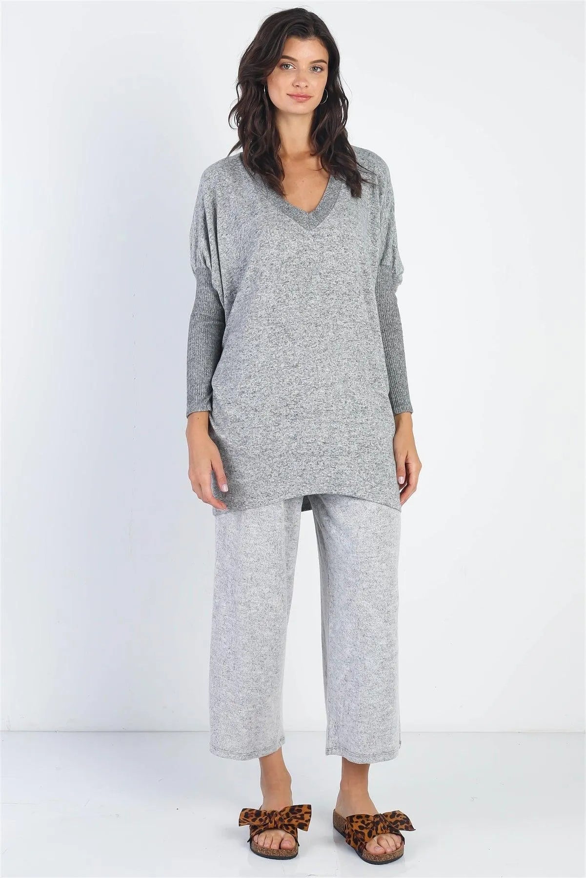 Heather Grey V-Neck Dolman Long Sleeve Top /1-1-1 - Tasha Apparel Wholesale