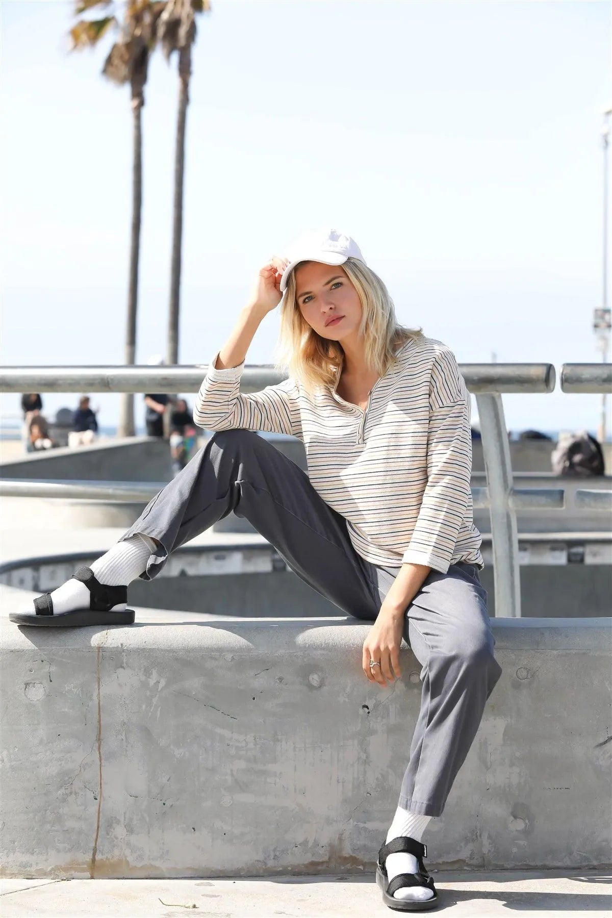 Multi Color Stripe Button Up Detail Midi Sleeve Top - Tasha Apparel Wholesale