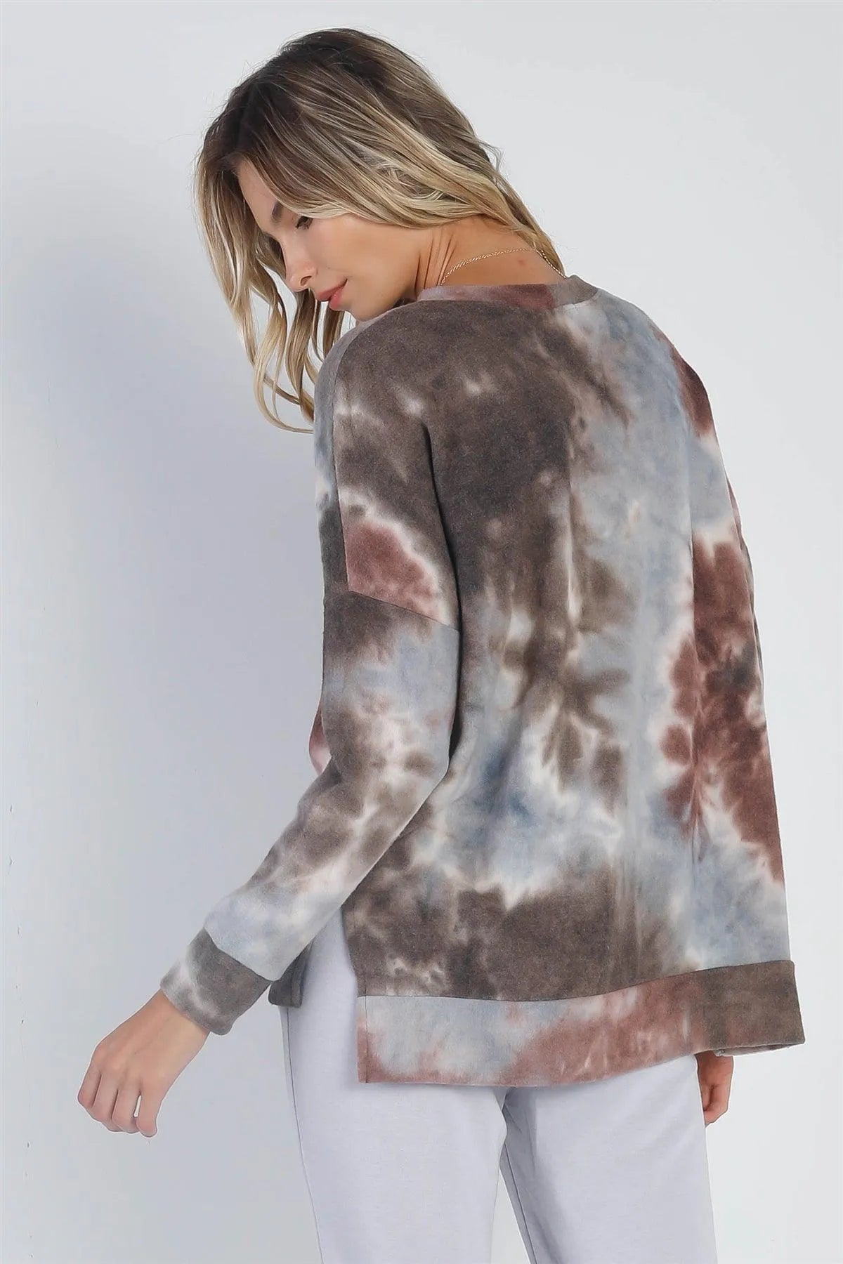 Brown Tie-Dye Crew Neck Long Sleeve Sweatshirt /1-1-1 - Tasha Apparel Wholesale