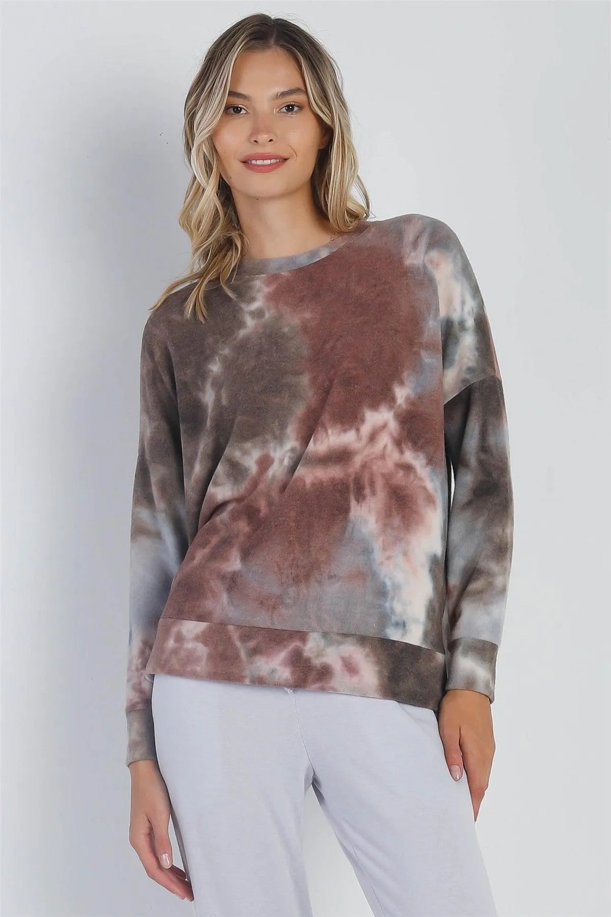 Brown Tie-Dye Crew Neck Long Sleeve Sweatshirt /1-1-1 - Tasha Apparel Wholesale