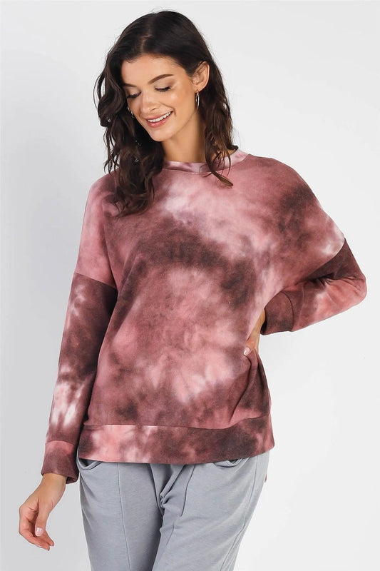 Mauve Tie-Dye Crew Neck Long Sleeve Sweatshirt /1-1-1 - Tasha Apparel Wholesale