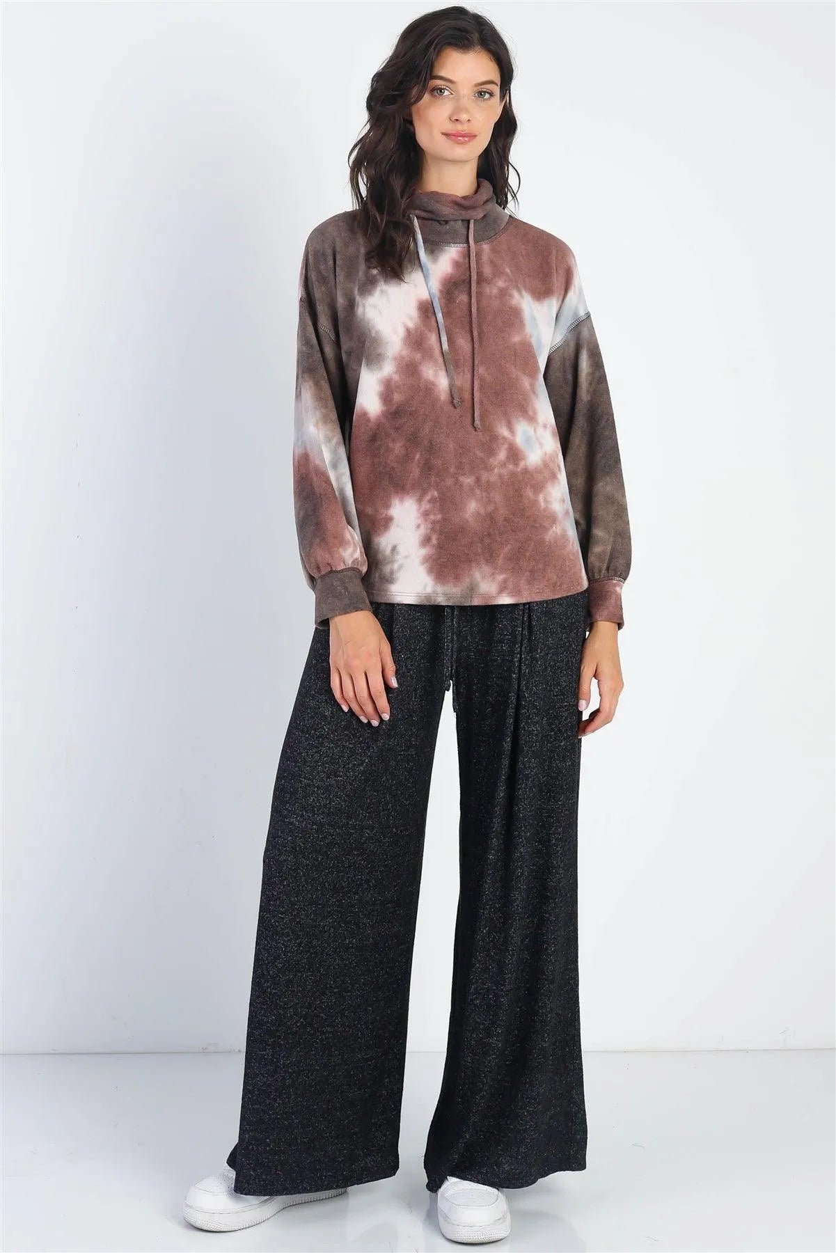 Brown Tie-Dye Turtle Neck Long Sleeve Sweatshirt /1-1-1 - Tasha Apparel Wholesale