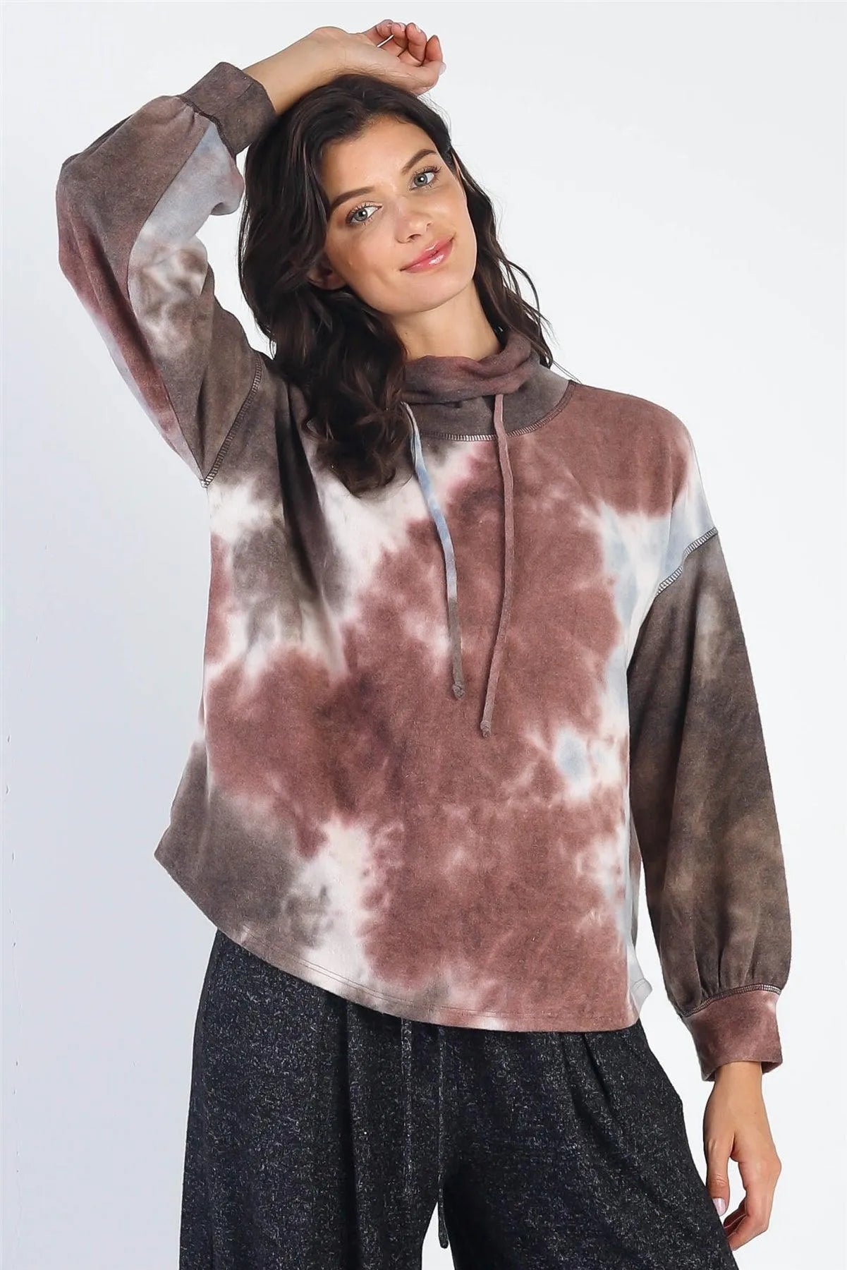 Brown Tie-Dye Turtle Neck Long Sleeve Sweatshirt /1-1-1 - Tasha Apparel Wholesale