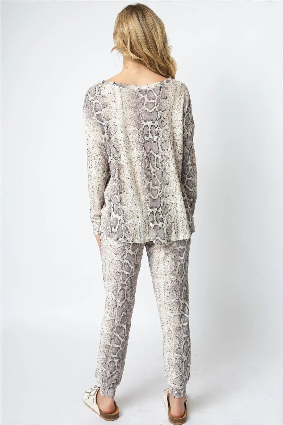 Taupe Waffle Knit Snake Print Twist Detail Top & Jogger Pant Set /1-1-1 - Tasha Apparel Wholesale