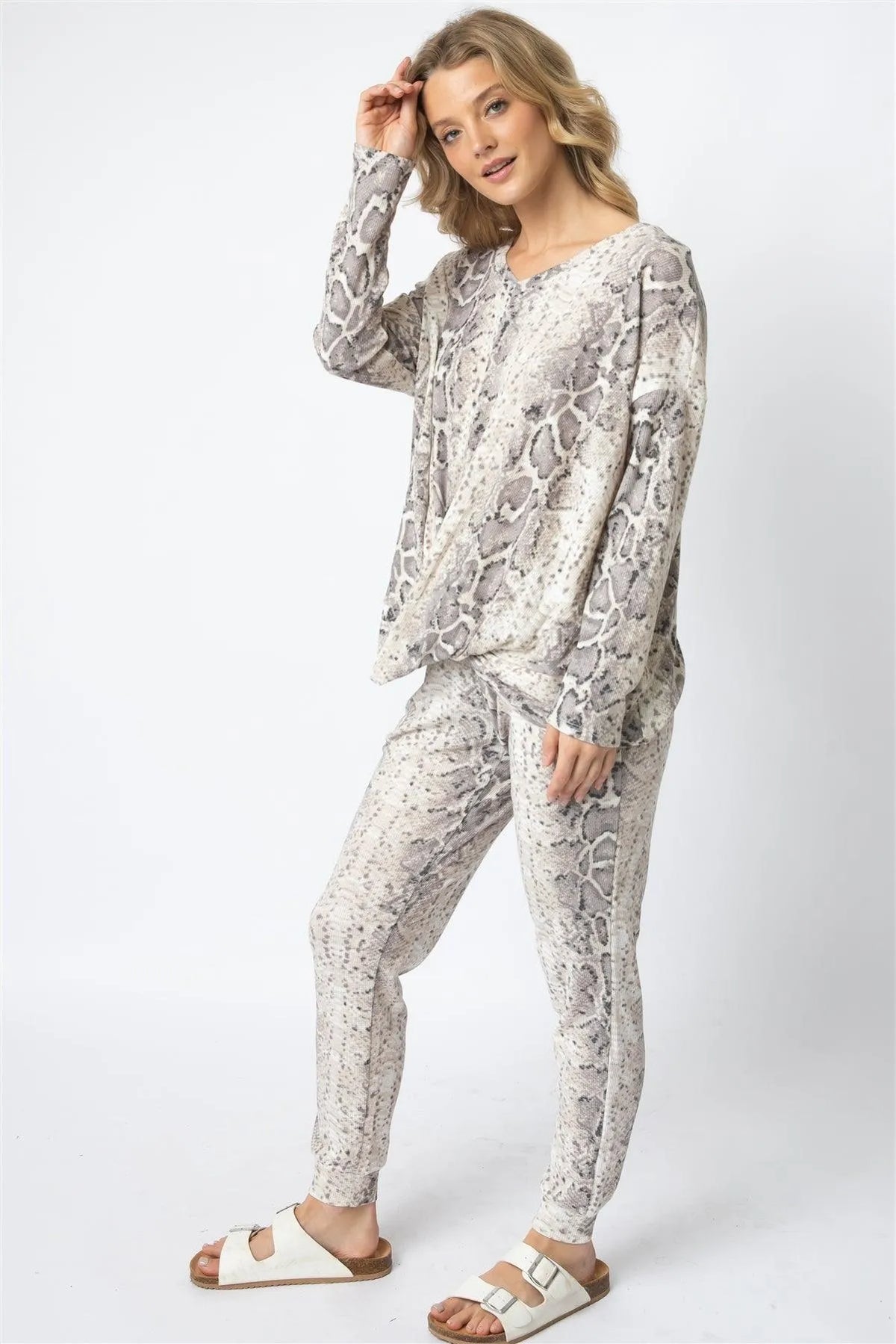 Taupe Waffle Knit Snake Print Twist Detail Top & Jogger Pant Set /1-1-1 - Tasha Apparel Wholesale