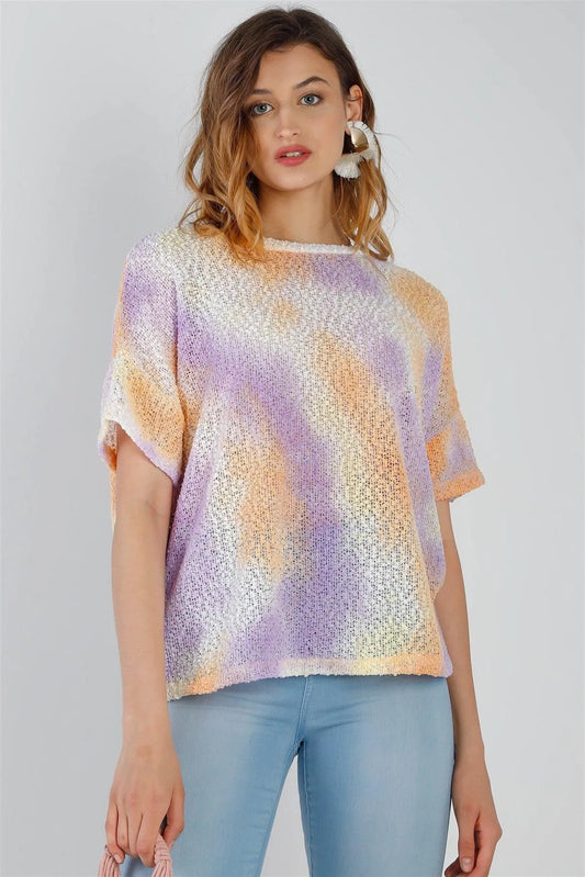 Multi Color Textured Knit Tie-Dye Short Sleeve Top /1-1-1 - Tasha Apparel Wholesale