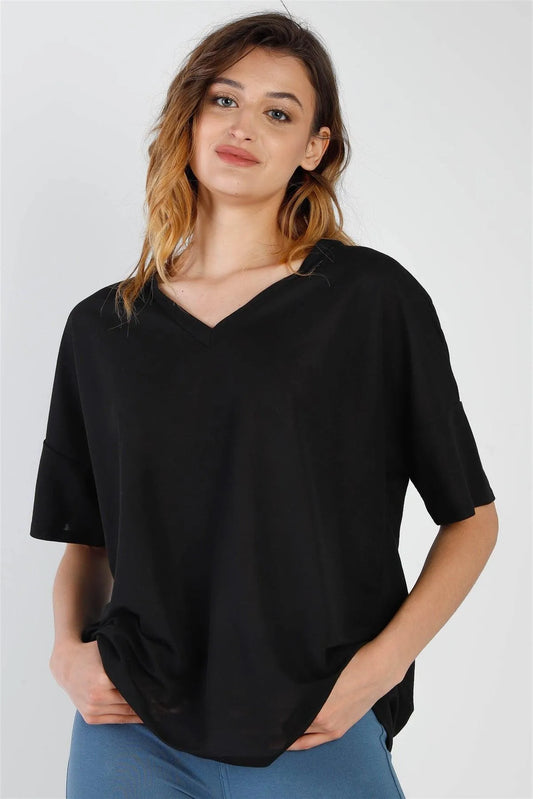 Black V-Neck Short Sleeve Relaxed Top /1-1-1 - Tasha Apparel Wholesale