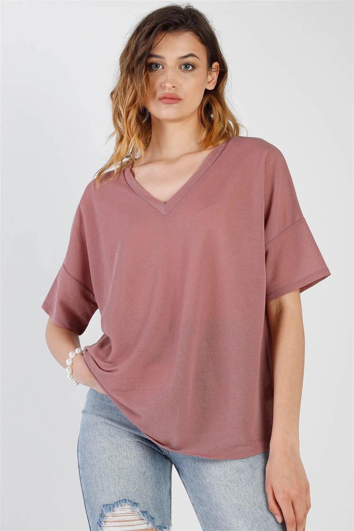 Blush V-Neck Short Sleeve Relaxed Top /1-1-1 - Tasha Apparel Wholesale