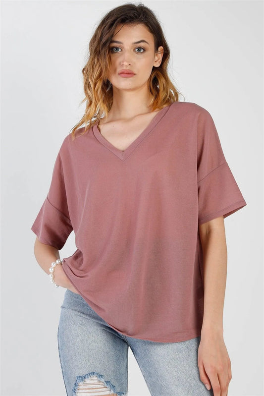 Blush V-Neck Short Sleeve Relaxed Top /1-1-1 - Tasha Apparel Wholesale