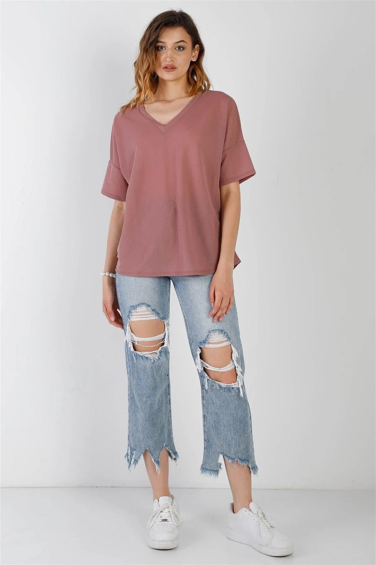 Blush V-Neck Short Sleeve Relaxed Top /1-1-1 - Tasha Apparel Wholesale