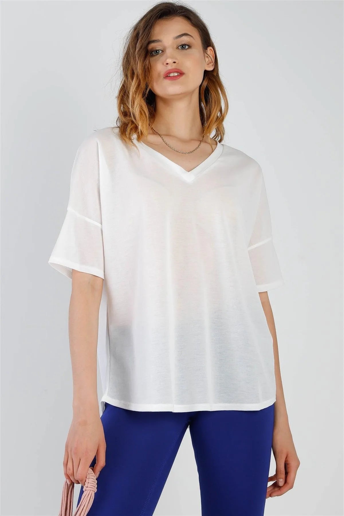 White V-Neck Short Sleeve Relaxed Top /1-1-1 - Tasha Apparel Wholesale