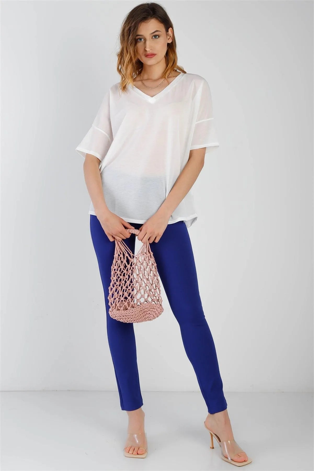 White V-Neck Short Sleeve Relaxed Top /1-1-1 - Tasha Apparel Wholesale