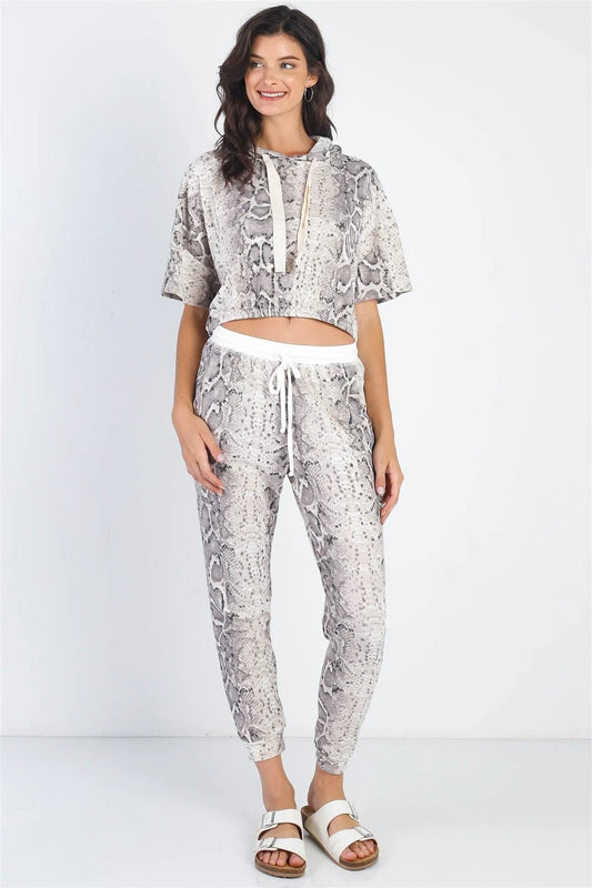 Taupe Waffle Knit Snake Print Hooded Crop Top & Jogger Pant Set /1-1-1 - Tasha Apparel Wholesale