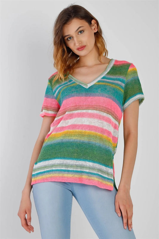 Multi Color Stripe Knit V-Neck Top /1-1-1 - Tasha Apparel Wholesale