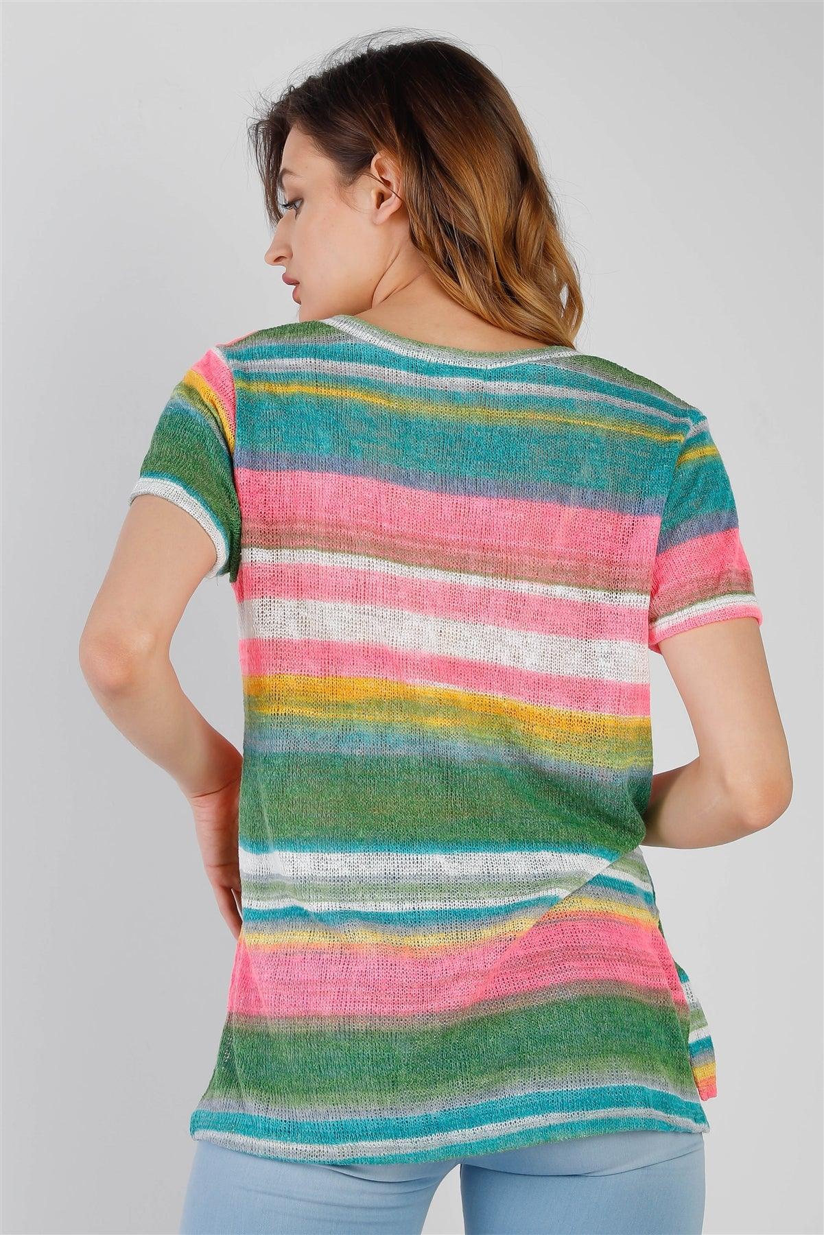Multi Color Stripe Knit V-Neck Top /1-1-1