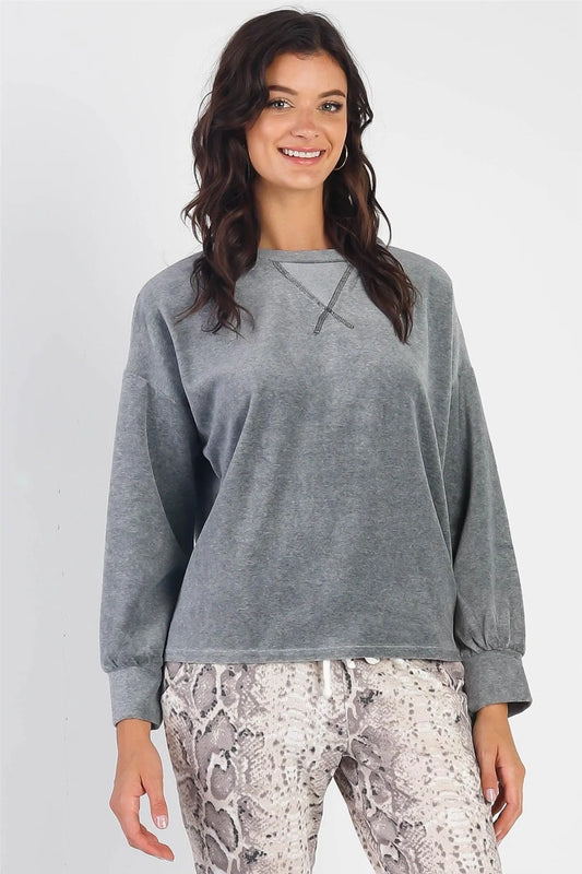 Charcoal Velour Cotton Blend Long Sleeve Sweatshirt - Tasha Apparel Wholesale