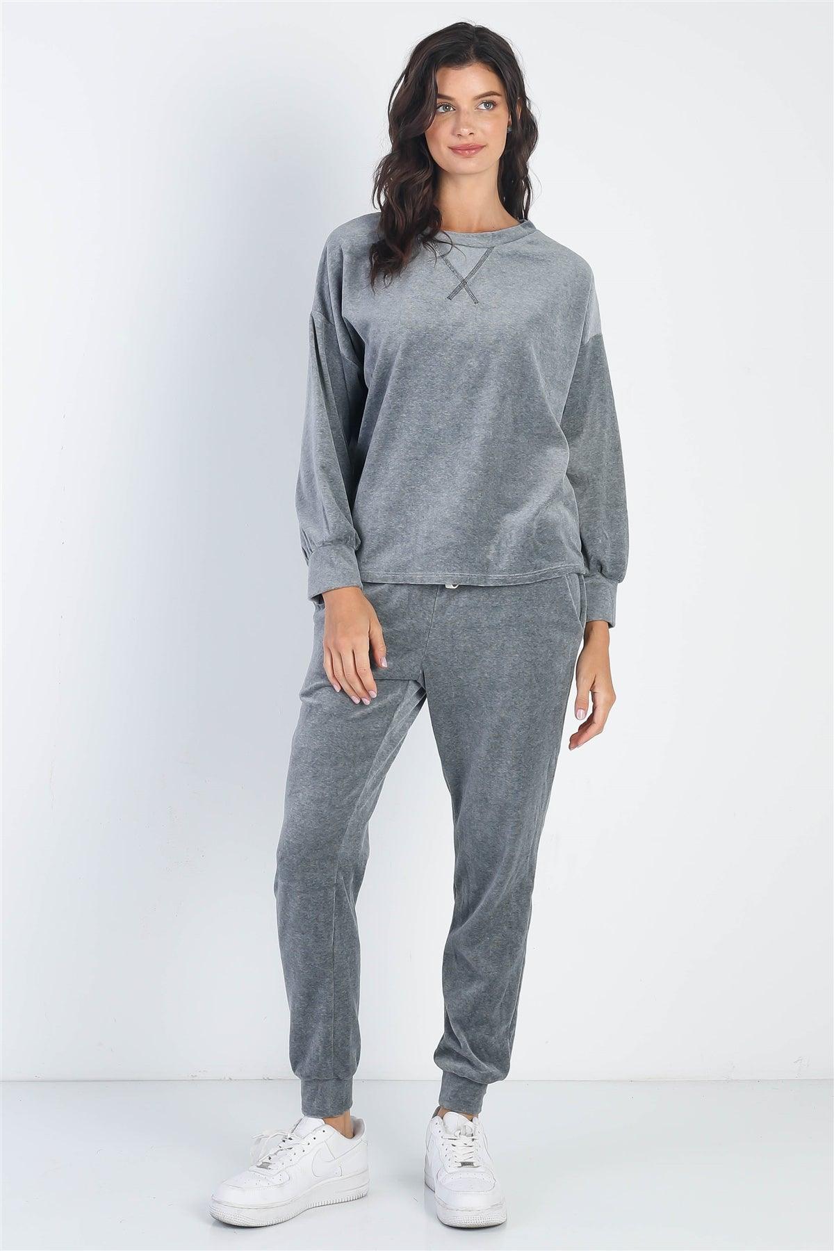 Charcoal Velour Cotton Blend Long Sleeve Sweater & Pant Set  /1-1-1