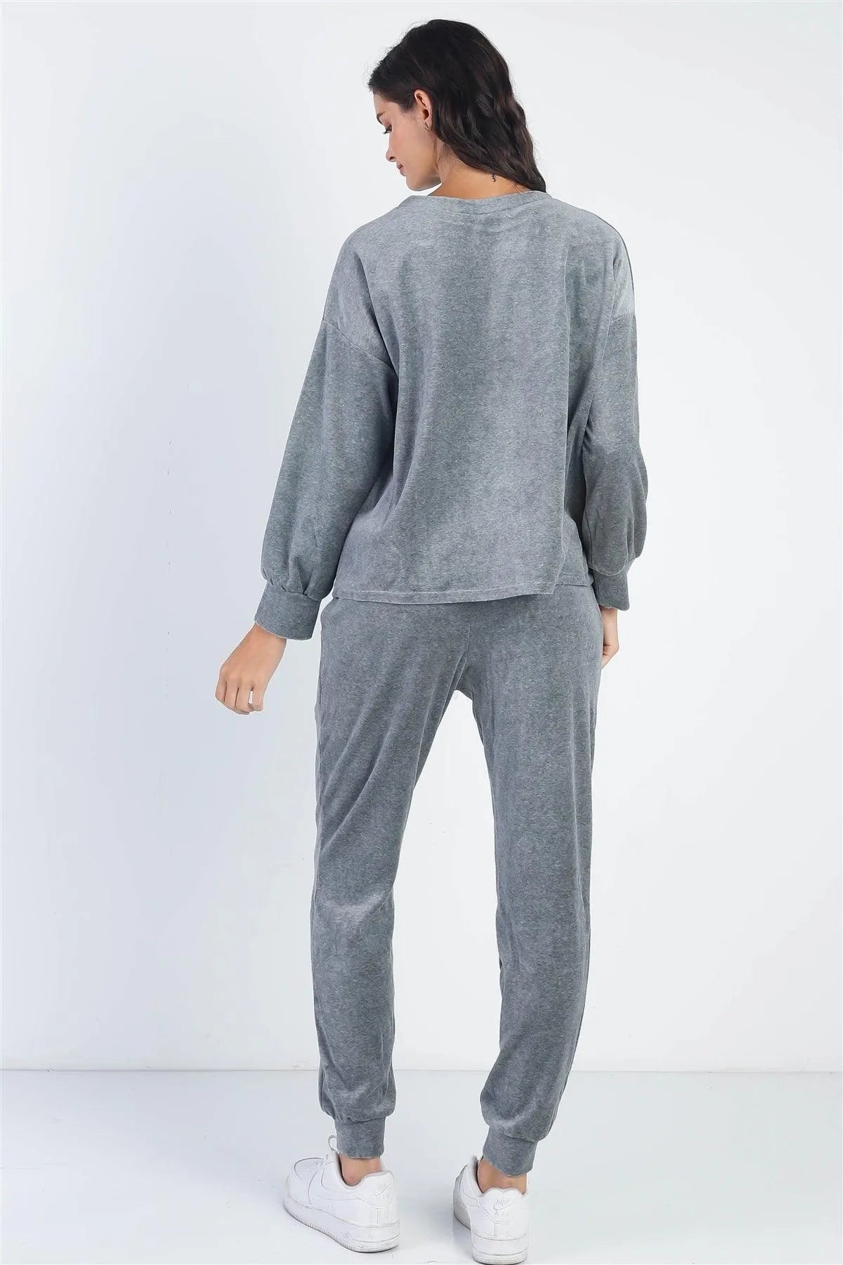 Charcoal Velour Cotton Long Sleeve Sweater & Pant Set - Tasha Apparel Wholesale