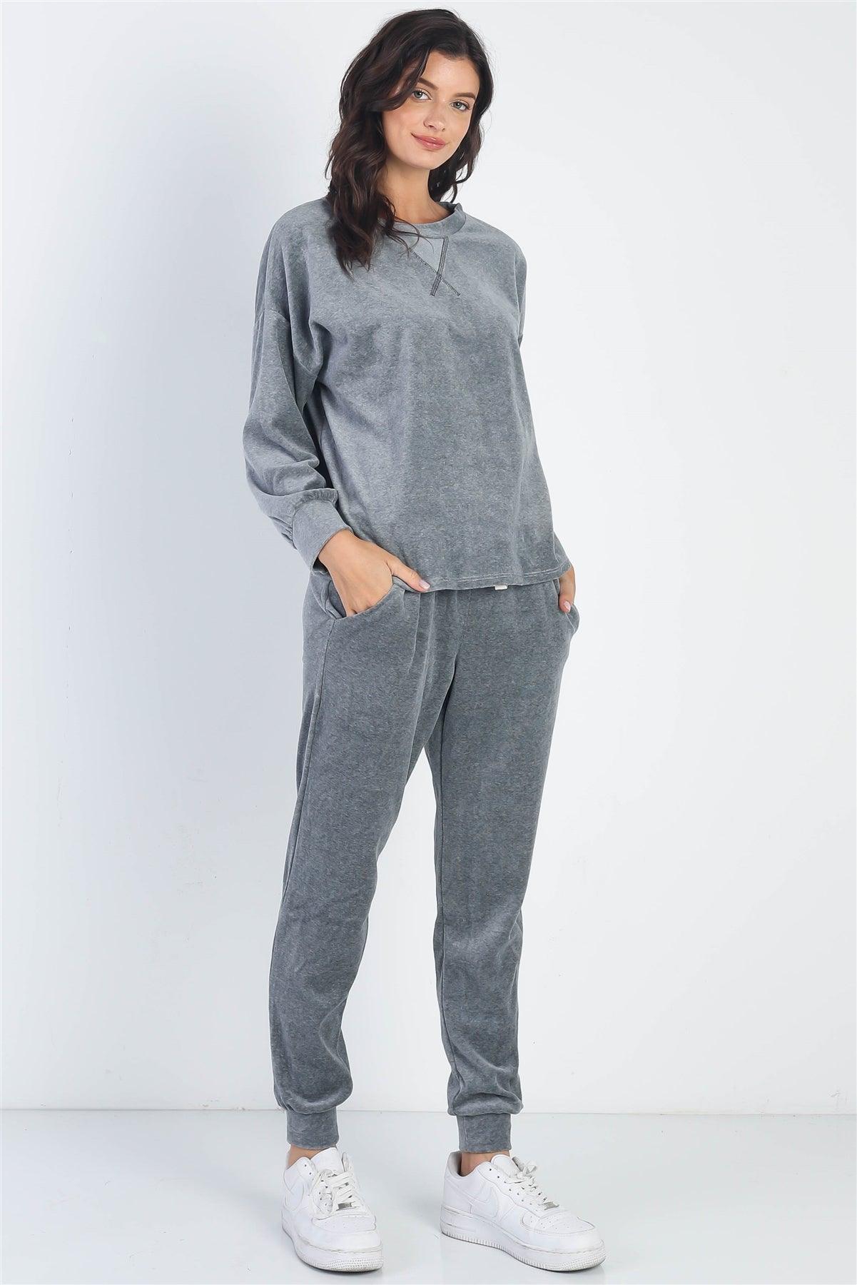 Charcoal Velour Cotton Blend Long Sleeve Sweater & Pant Set  /1-1-1
