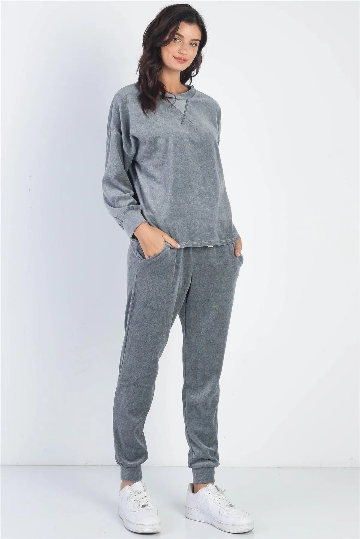 Charcoal Velour Cotton Long Sleeve Sweater & Pant Set - Tasha Apparel Wholesale