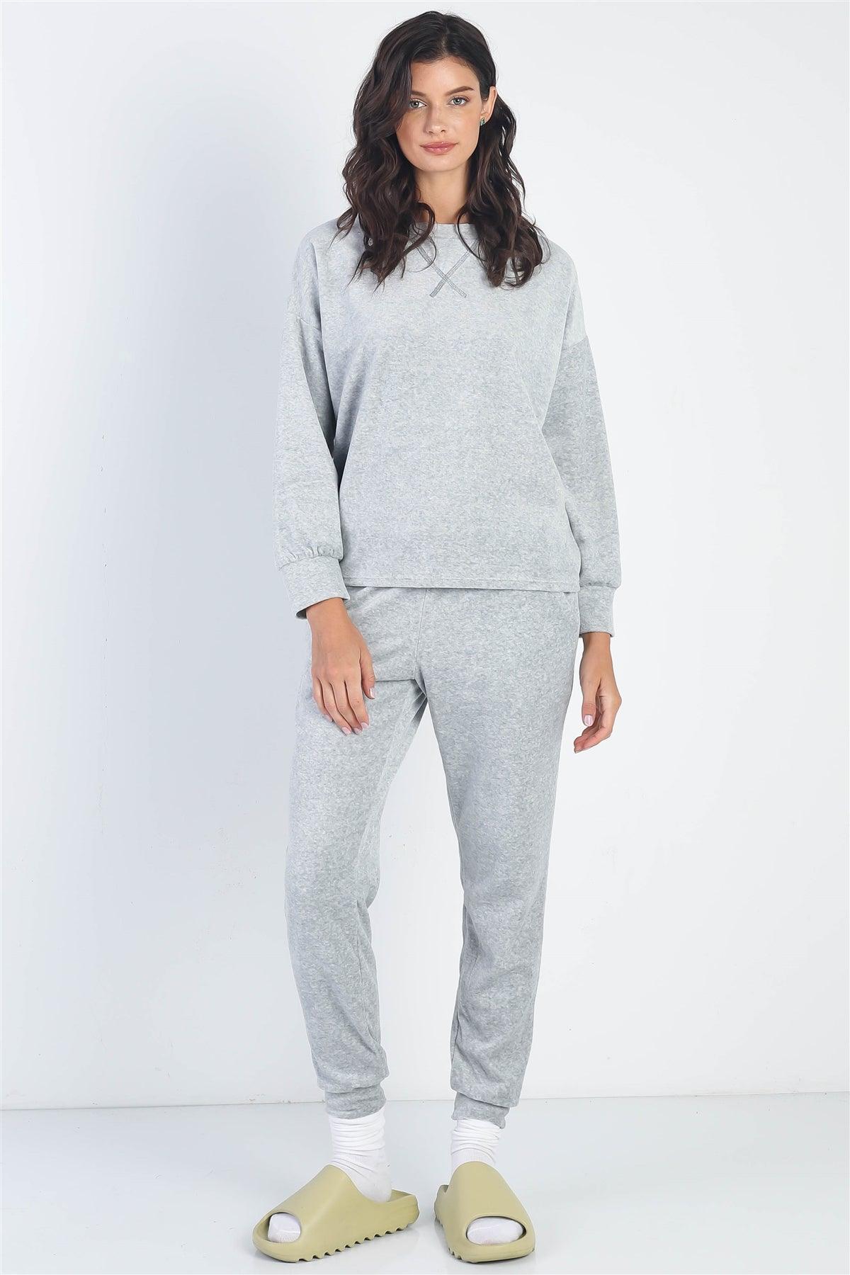 Heather Grey Velour Cotton Blend Long Sleeve Sweater & Pant Set  /1-1-1