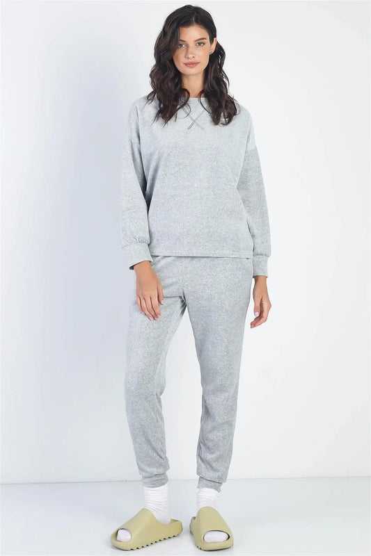 Grey Velour Cotton Long Sleeve Sweater & Pant Set - Tasha Apparel Wholesale