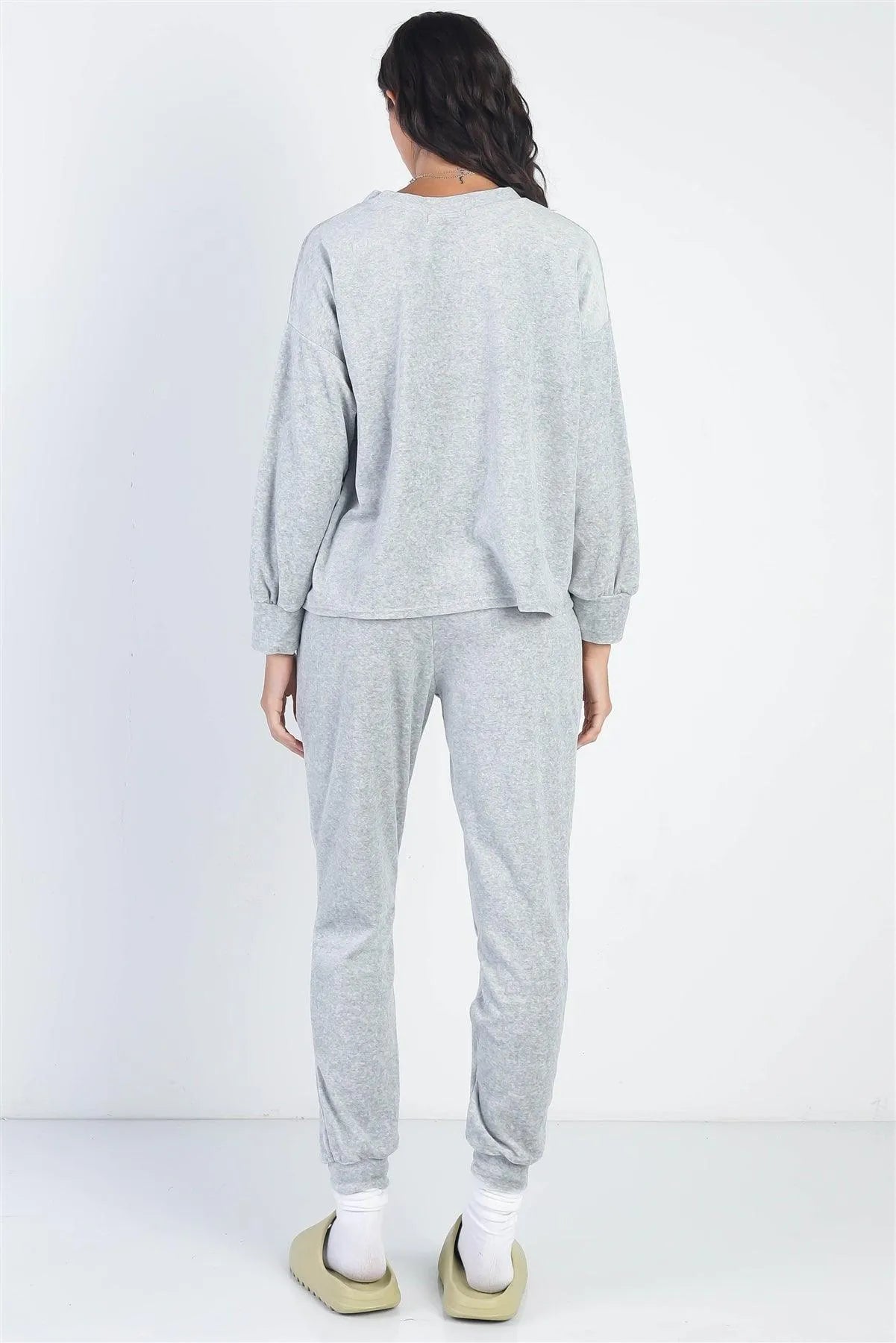 Grey Velour Cotton Long Sleeve Sweater & Pant Set - Tasha Apparel Wholesale
