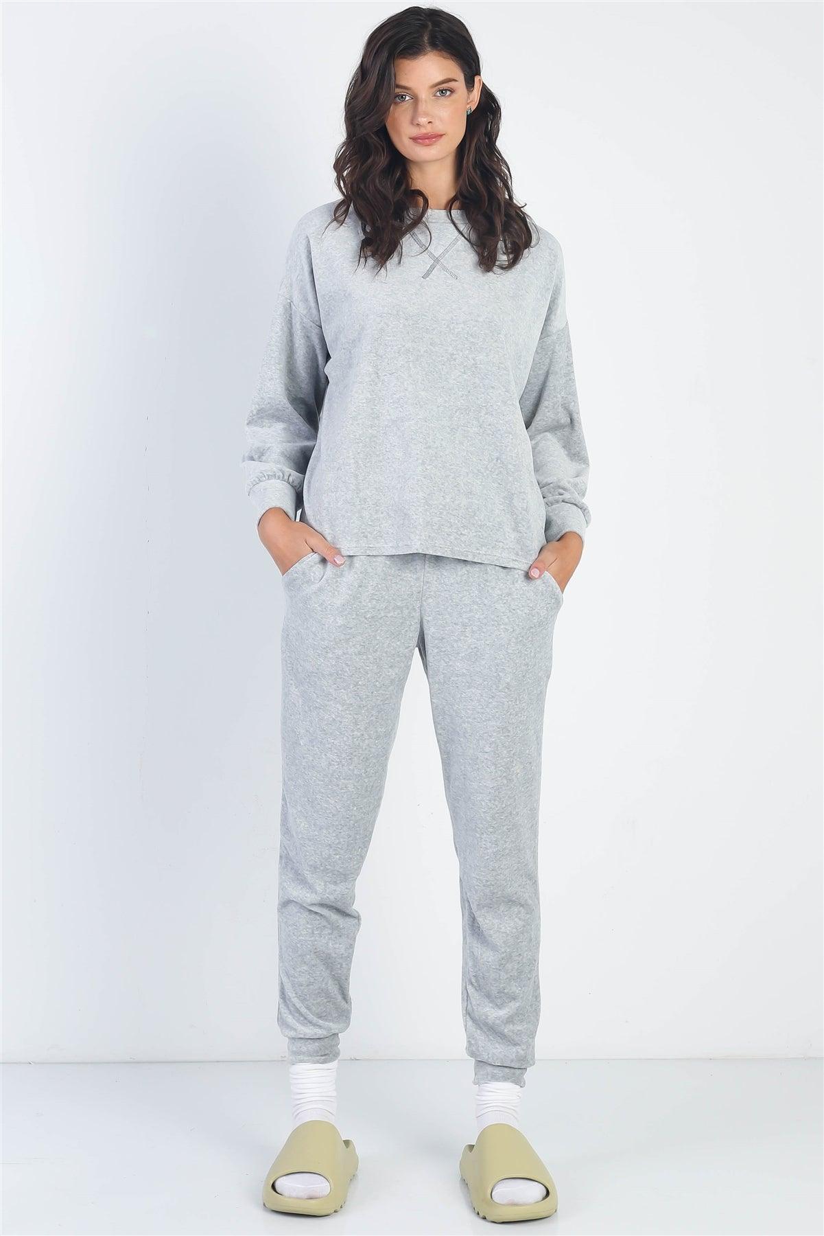 Heather Grey Velour Cotton Blend Long Sleeve Sweater & Pant Set  /1-1-1