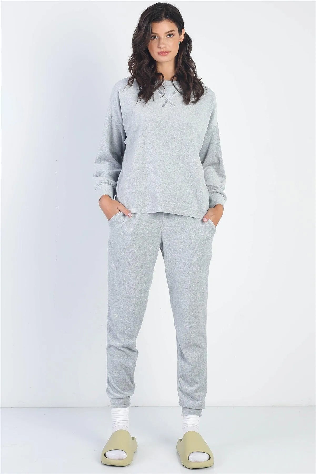 Grey Velour Cotton Long Sleeve Sweater & Pant Set - Tasha Apparel Wholesale