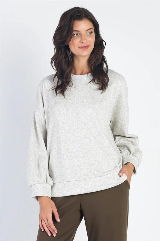 Heather Grey Long Balloon Sleeve Crew Neck Sweater /1-1-1 - Tasha Apparel Wholesale