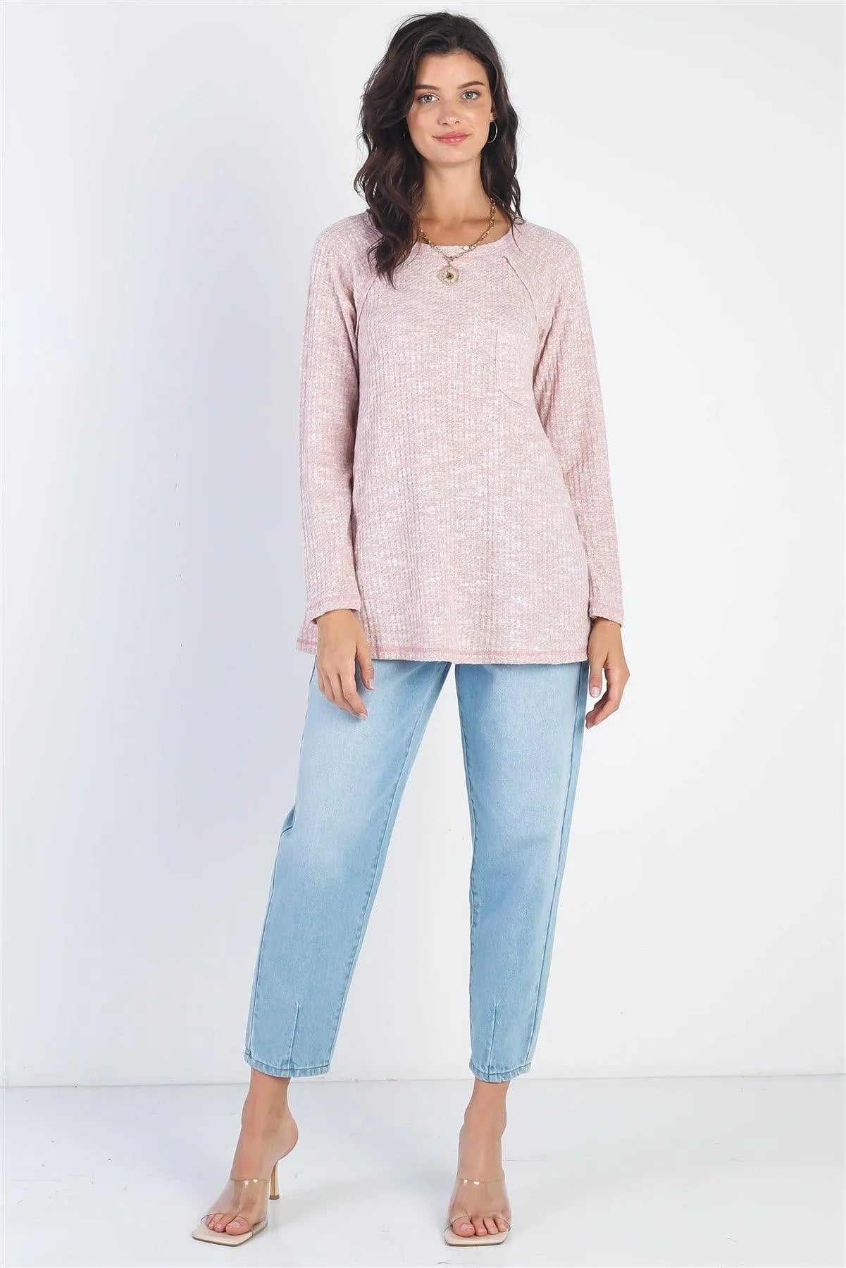 Mauve Waffle Knit Stitch Detail Long Sleeve Top /1-1-1 - Tasha Apparel Wholesale