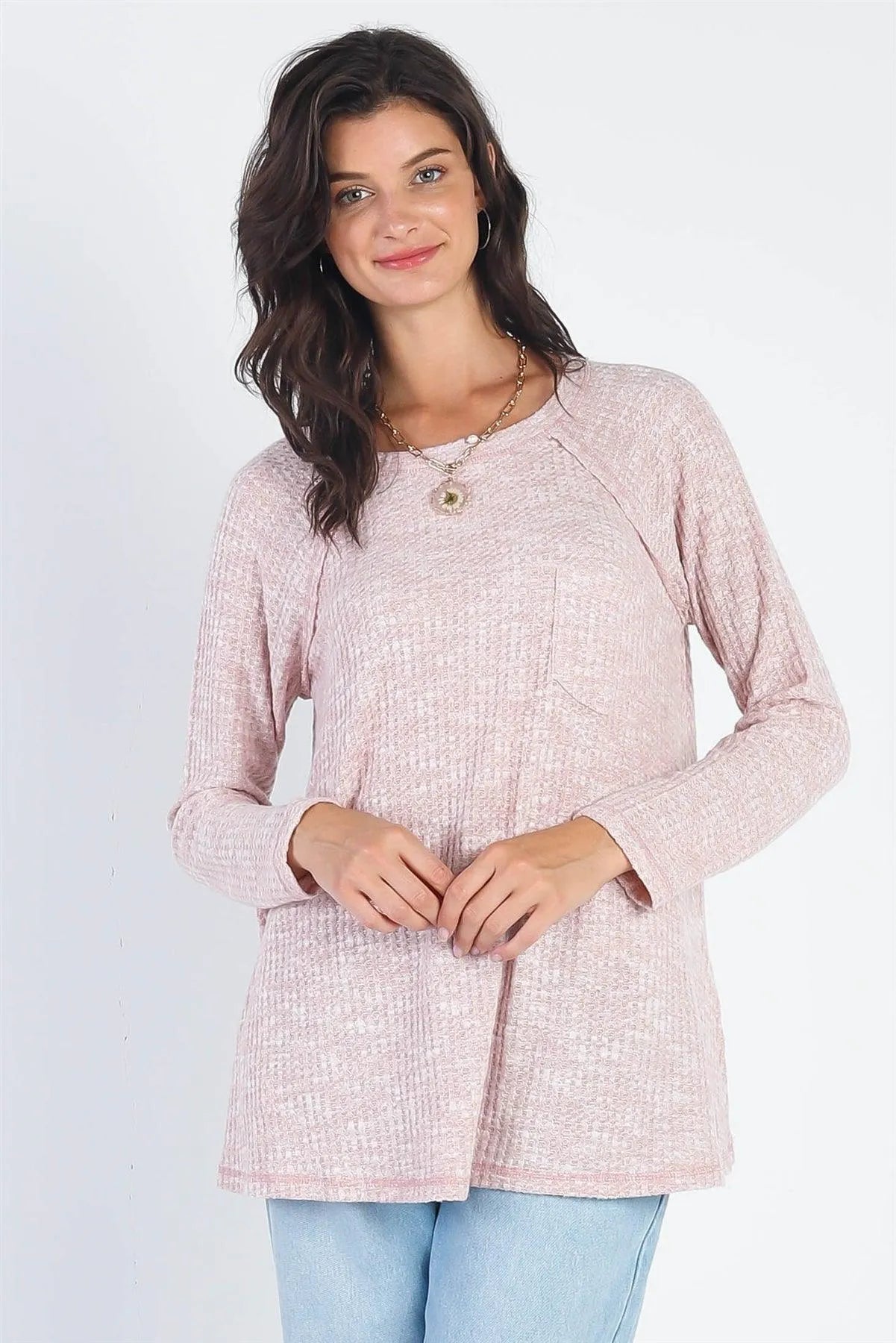 Mauve Waffle Knit Stitch Detail Long Sleeve Top /1-1-1 - Tasha Apparel Wholesale