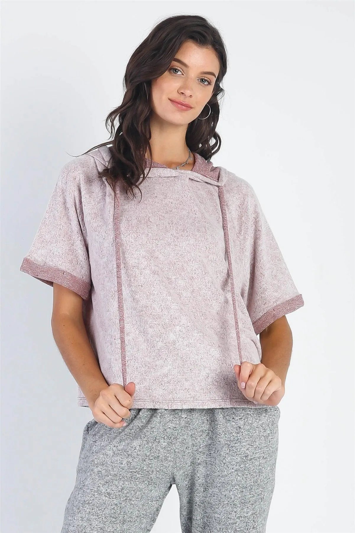 Burgundy Textured Short Cuff Sleeve Hoodie Sweatshirt /1-1-1 - Tasha Apparel Wholesale