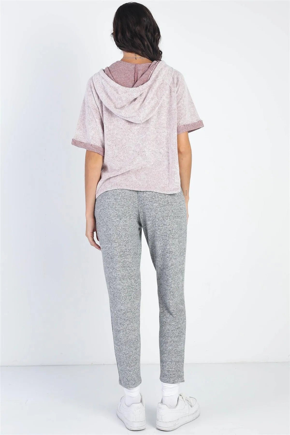 Burgundy Textured Short Cuff Sleeve Hoodie Sweatshirt /1-1-1 - Tasha Apparel Wholesale