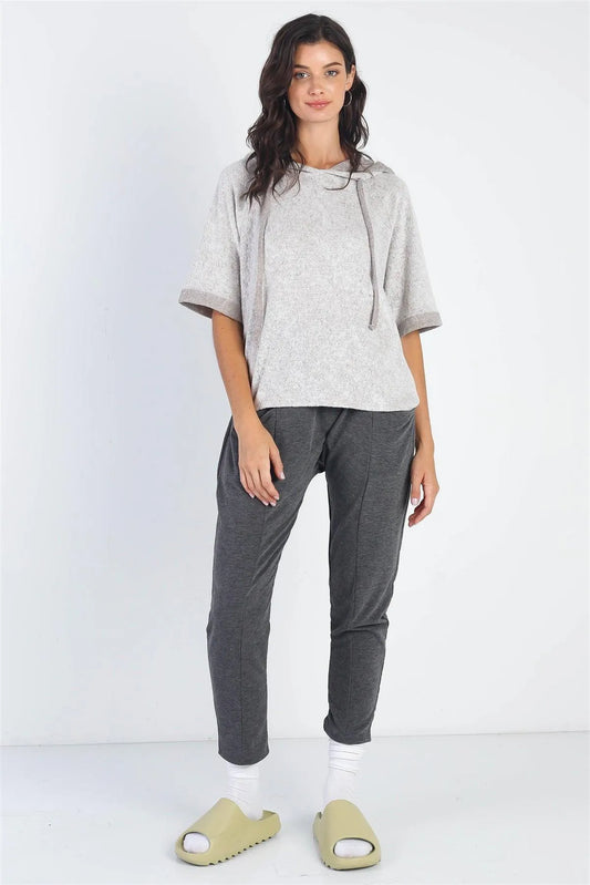 Taupe Textured Short Cuff Sleeve Hooded Top /1-1-1 - Tasha Apparel Wholesale