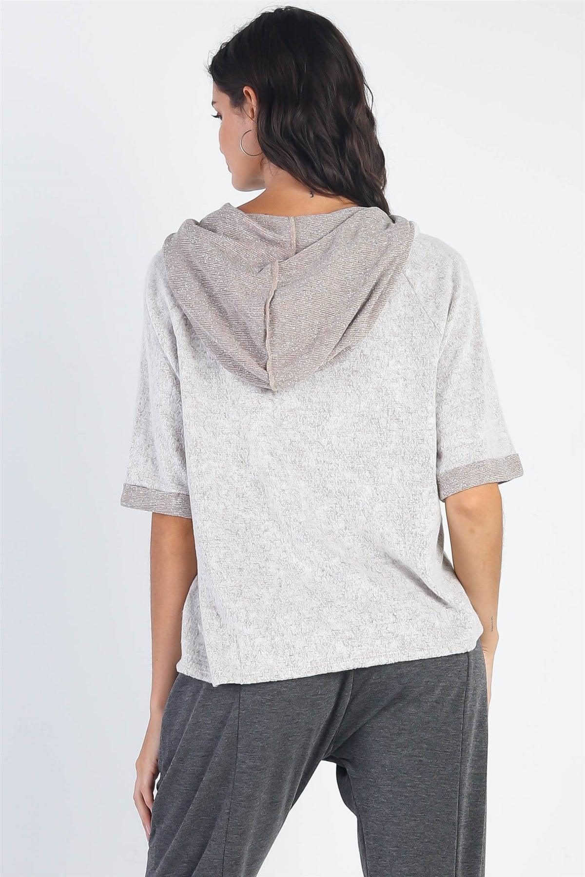 Taupe Textured Short Cuff Sleeve Hooded Top /1-1-1