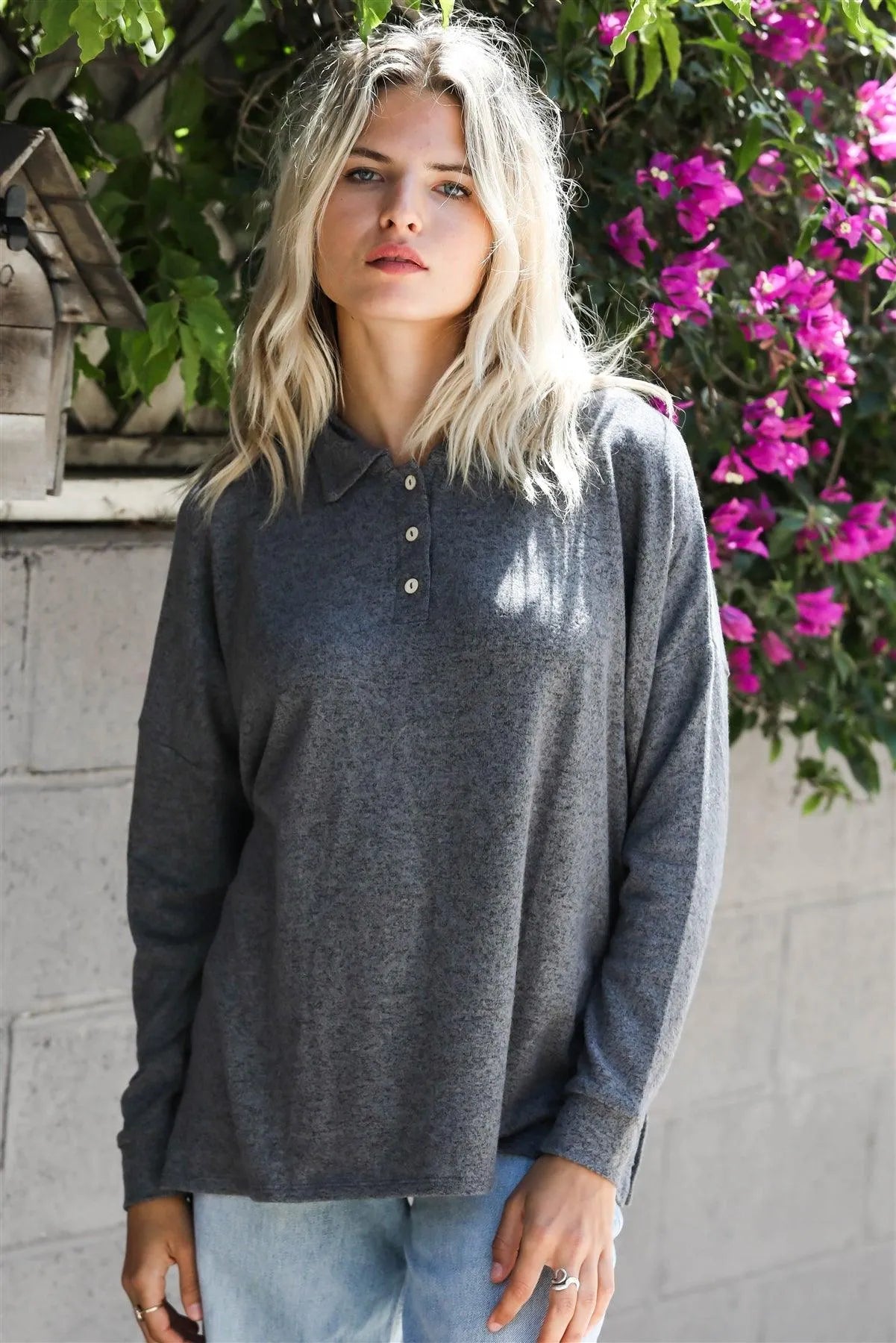 Charcoal Flannel Button Up Collared Long Sleeve Top /1-1-1 - Tasha Apparel Wholesale