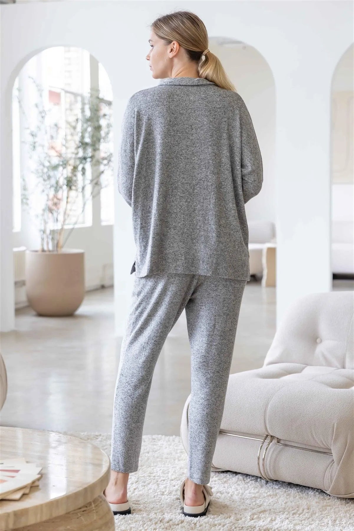 Heather Grey Flannel Button Up Collared Long Sleeve Top /1-1-1 - Tasha Apparel Wholesale