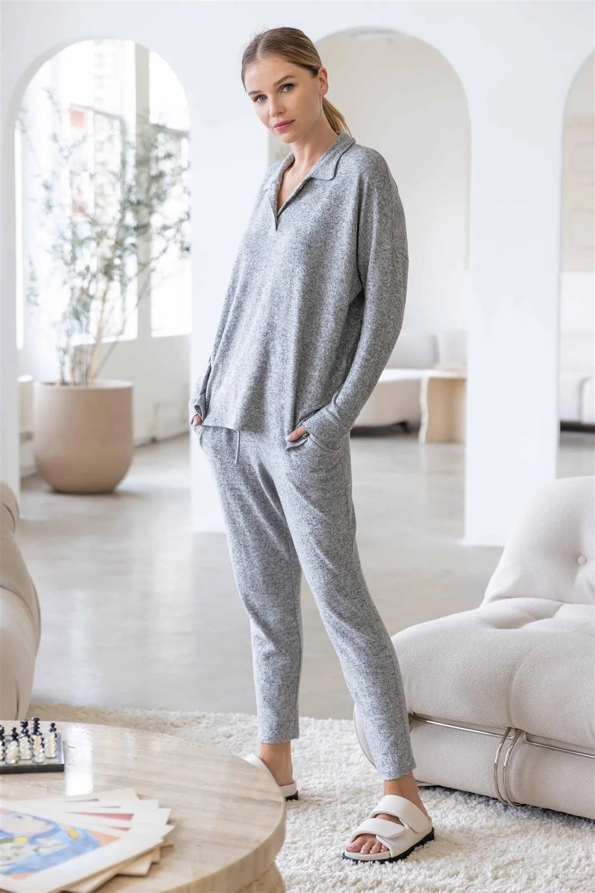 Heather Grey Flannel Button Up Collared Long Sleeve Top /1-1-1 - Tasha Apparel Wholesale