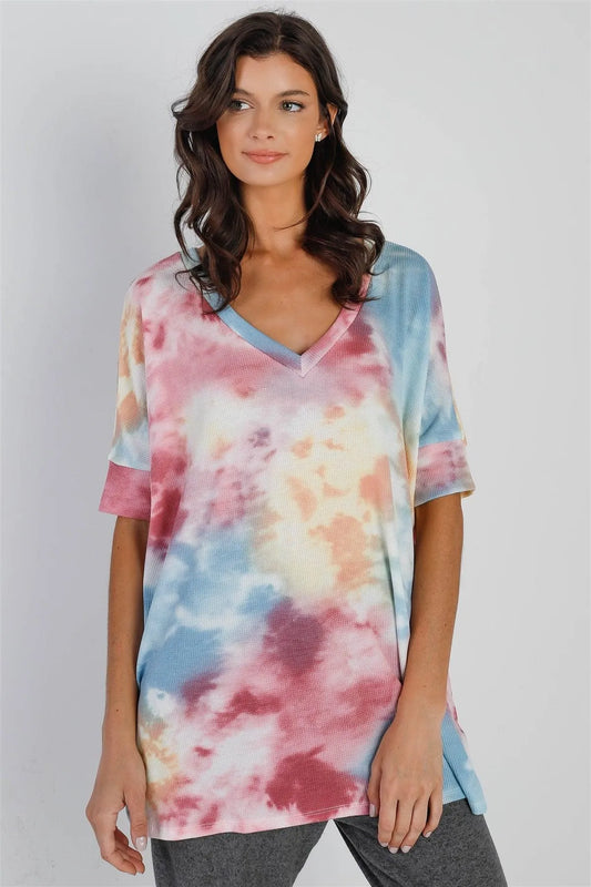 Multi Color Tie-Dye Waffle Knit Short Sleeve Top /1-1-1 - Tasha Apparel Wholesale